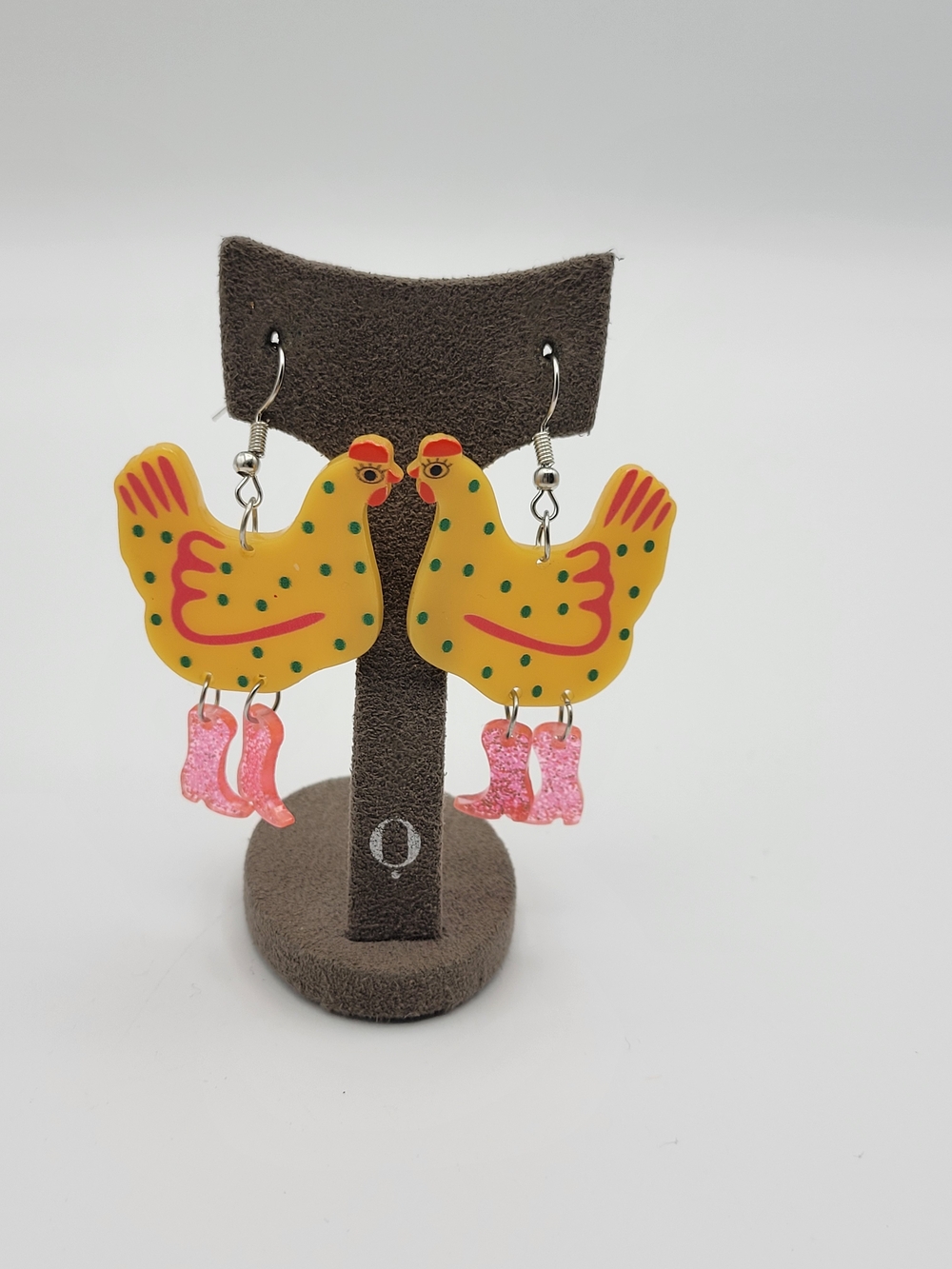 Funny Funky Yellow pink Glitter Chicken Dangle earrings - Picture 3 of 8